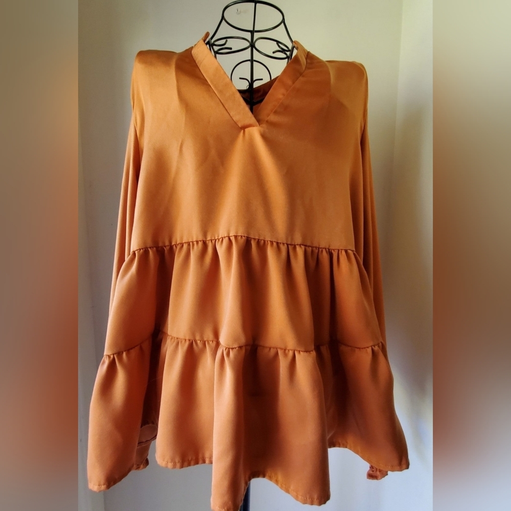 GLAM Burnt Orange Lantern Sleeve Ruffle Top - Large
